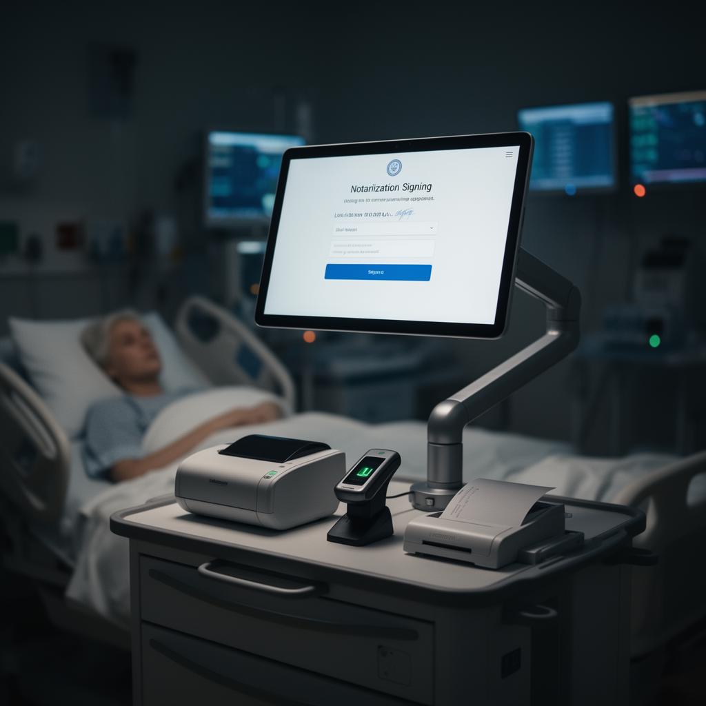 Hospital bedside notarization cart with tablet, biometric scanner, and document printer