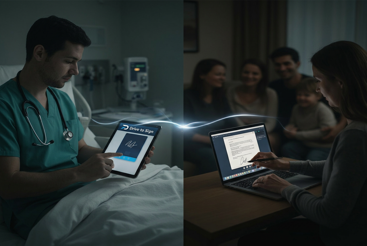 Doctor signing on a tablet at bedside while family signs remotely from home