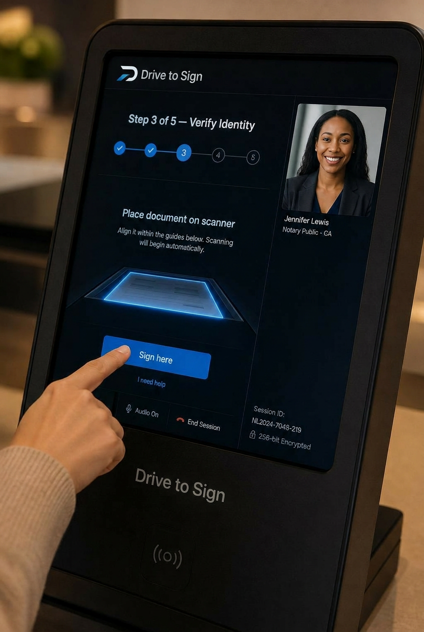 Customer touching the kiosk touchscreen mid-session, showing the verify-identity step with live notary video tile