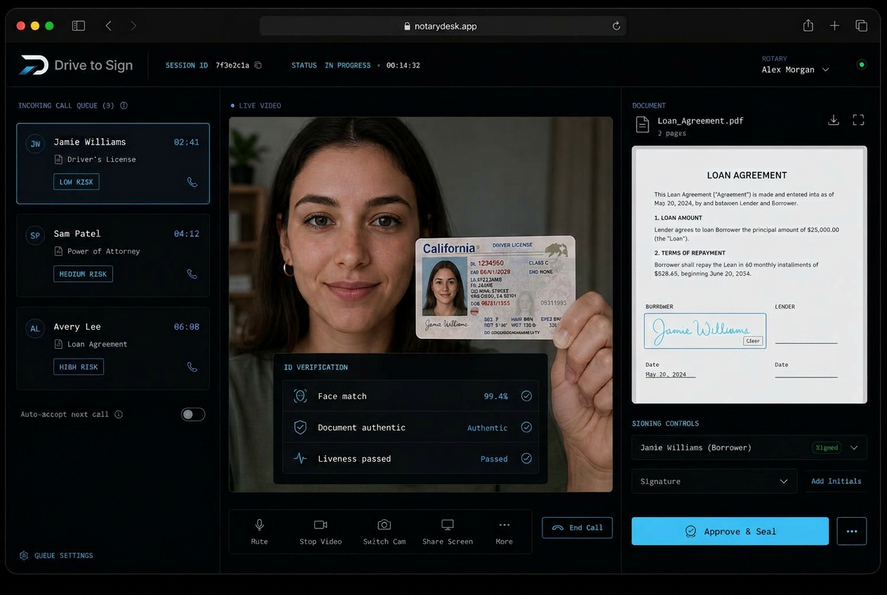 Notary-side web console with incoming call queue, live video feed, ID verification panel, and document signing controls