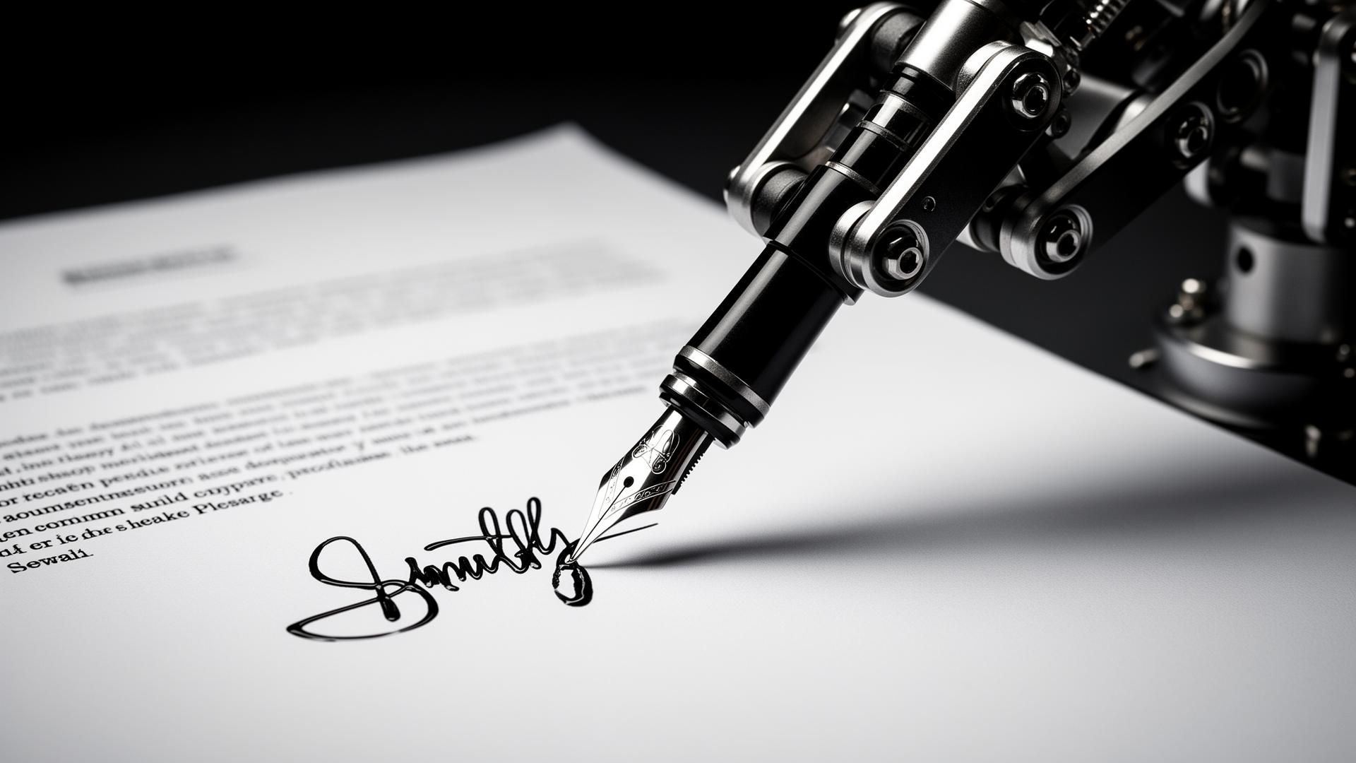 Close-up of the patent-pending robotic pen mechanism reproducing a wet-ink signature on paper