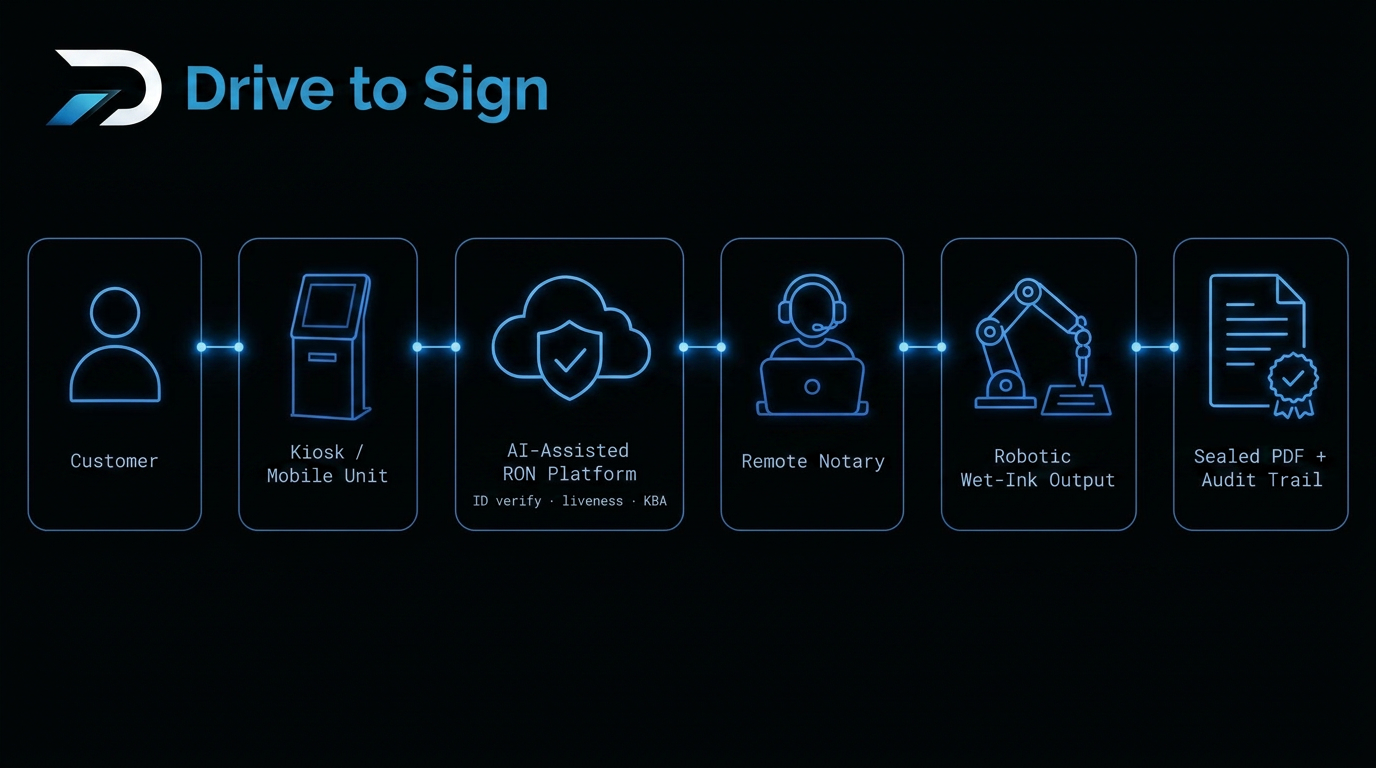 Drive·to·Sign system architecture: customer to kiosk to AI-assisted RON platform to remote notary to robotic wet-ink output to sealed PDF and audit trail